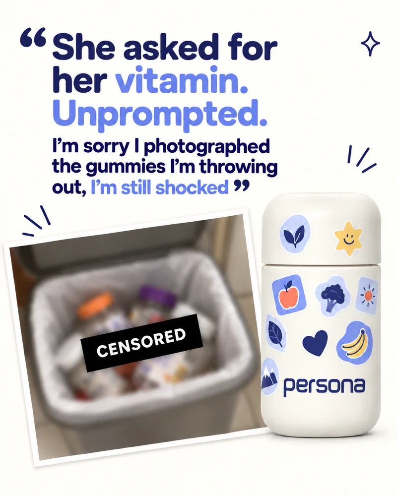 Persona Kids ad built on a parent's review, with a photo of gummies in the bin