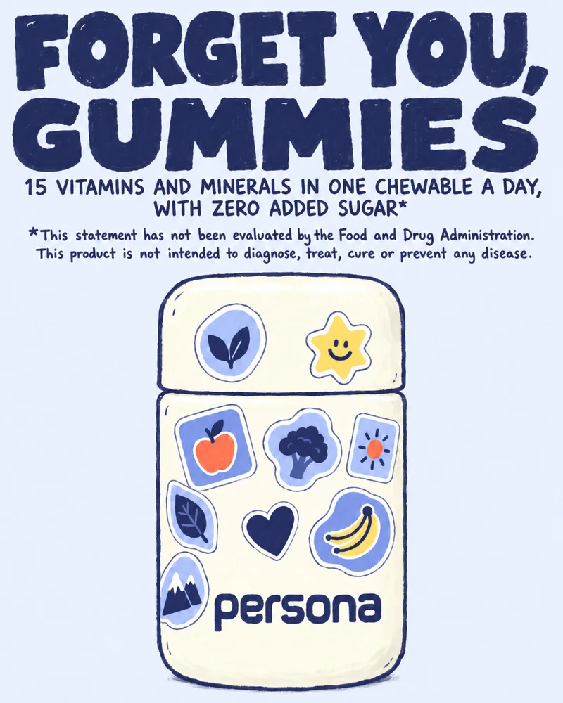 Persona Kids ad reading Forget you, gummies, over the chewable jar